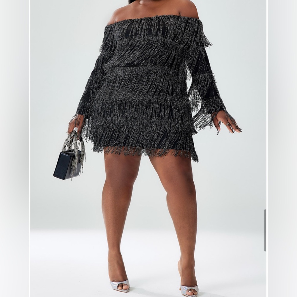 Xpluswear Design Black Off The Shoulder Fringe Mini Dress - Plus Size